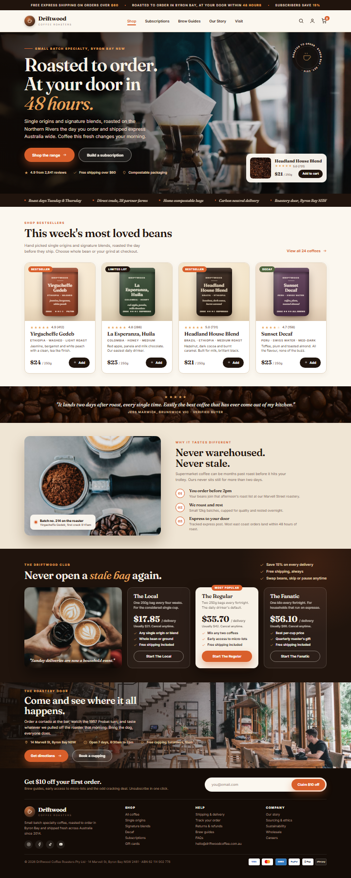 Driftwood Coffee Roasters homepage design