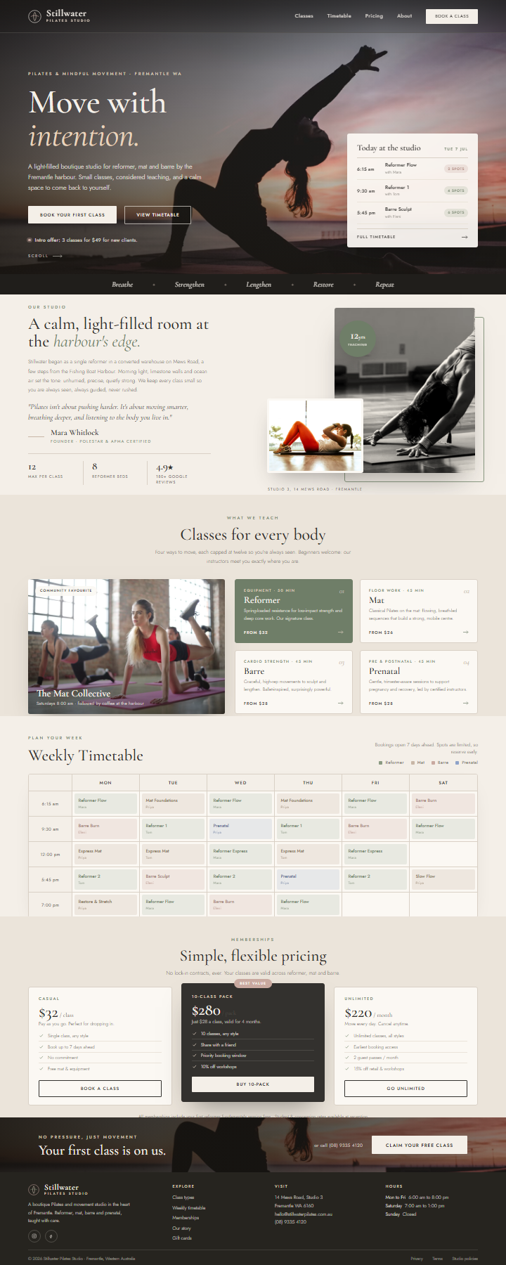 Stillwater Pilates homepage design